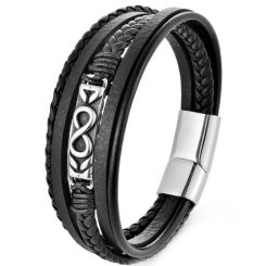 ***COI Titanium Infinity Black Silver Genuine Leather Bracelet With Steel Clasp(Length: 8.27 inches)-01374AA