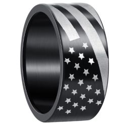 ***COI Titanium Black/Silver American Flag Pipe Cut Flat Ring-01380AA
