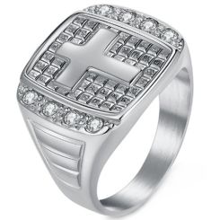 ***COI Titanium Black/Gold Tone/Silver Cross Ring With Cubic Zirconia-01381AA