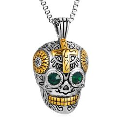 ***COI Titanium Black Gold Tone Silver Cross Skull Pendant With Created Green Emerald-01385AA
