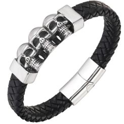 ***COI Titanium Black Silver Skull Genuine Leather Bracelet With Steel Clasp(Length: 8.27 inches)-01389AA