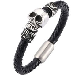 ***COI Titanium Black Silver Skull Genuine Leather Bracelet With Steel Clasp(Length: 8.27 inches)-01390AA