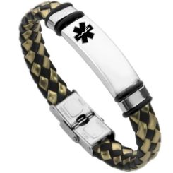 ***COI Titanium Black/Gold Tone/Silver Silver Medical Alert Genuine Leather Bracelet With Steel Clasp(Length: 8.27 inches)-01400AA