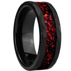 ***COI Black Tungsten Carbide Crushed Opal and Meteorite Faceted Ring-01413AA