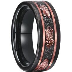 ***COI Tungsten Carbide Black Rose Faceted Ring With Meteorite & Rose Gold Foil-01415AA