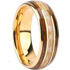 ***COI Gold Tone Tungsten Carbide Gold Foil Ring With Crushed Opal & Koa Wood-01416AA