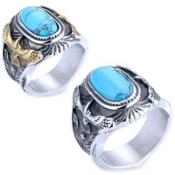 ***COI Titanium Black Silver/Gold Tone Silver Eagle Ring With Turquoise-01423AA