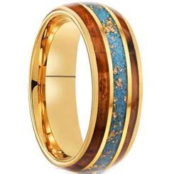 ***COI Gold Tone Tungsten Carbide Turquoise Wood & Gold Foil Dome Court Ring-01438AA
