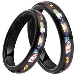 ***COI Black Tungsten Carbide Abalone Shell Meteorite & Gold Foil Dome Court Ring-01439AA