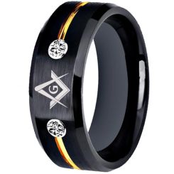 ***COI Titanium Black Gold Tone Masonic Freemason Ring With Cubic Zirconia-01457AA