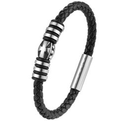 ***COI Titanium Black Silver Cross Genuine Leather Bracelet With Steel Clasp(Length: 8.27 inches)-01464AA
