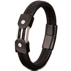 ***COI Titanium Black Silver Genuine Leather Bracelet With Steel Clasp(Length: 8.27 inches)-01525AA