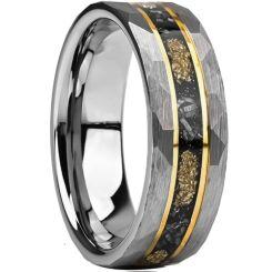 ***COI Tungsten Carbide Gold Tone Silver Faceted Ring With Meteorite & Gold Foil-01542AA