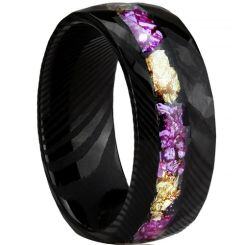 ***COI Black Tungsten Carbide Damascus Ring With Purple Amethyst & Gold Foil-01545AA