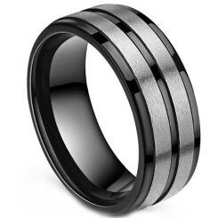 ***COI Tungsten Carbide Black Silver Center Groove Beveled Edges Ring-01550AA