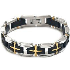 ***COI Titanium Black Gold Tone Silver Cross Bracelet With Steel Clasp(Length: 8.46 inches)-01568AA