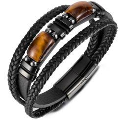 ***COI Black Titanium Tiger Eye Genuine Leather Bracelet With Steel Clasp(Length: 8.46 inches)-01572AA