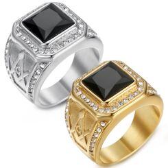 ***COI Titanium Gold Tone/Silver Masonic Freemason Ring With Black Onyx-01602AA