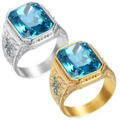 ***COI Titanium Gold Tone Silver Ring With Blue Topaz-01606AA