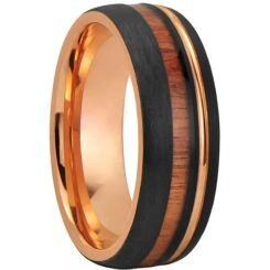 ***COI Tungsten Carbide Black Rose Offset Groove Ring With Koa Wood-01617AA