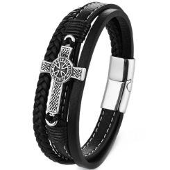 ***COI Titanium Black Silver Cross Genuine Leather Bracelet With Steel Clasp(Length: 8.27 inches)-01630AA