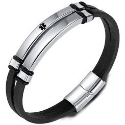 ***COI Titanium Black Silver Medical Alert Genuine Leather Bracelet With Steel Clasp(Length: 8.27 inches)-01649AA