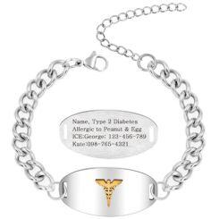 ***COI Titanium Black/Silver Gold Tone Medical Alert Custom Engraving Bracelet With Steel Clasp(Length: 8.27 inches)-01664AA