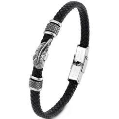 ***COI Titanium Black Silver Feather Genuine Leather Bracelet With Steel Clasp(Length: 8.85 inches)-01680AA