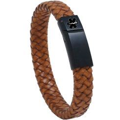 ***COI Black Titanium Medical Alert Genuine Leather Bracelet With Steel Clasp(Length: 8.07 inches)-01684AA