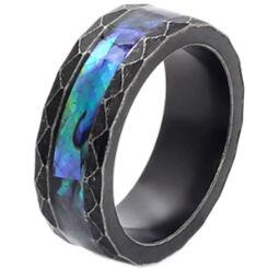 ***COI Titanium Black/Silver Faceted Ring With Abalone Shell-01688AA