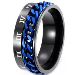 ***COI Titanium Black Blue Roman Numerals Keychain Ring-01690AA