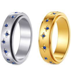 ***COI Titanium Gold Tone/Silver Ring With Created Blue Sapphire-01691AA