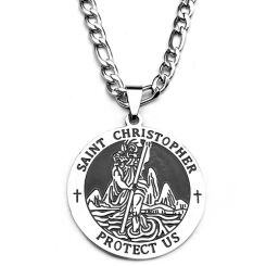 ***COI Titanium Black Silver Saint Christopher Protect Us Pendant-01696AA