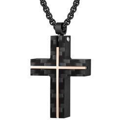 ***COI Titanium Black Rose/Silver Cross Pendant With Carbon Fiber-01698AA