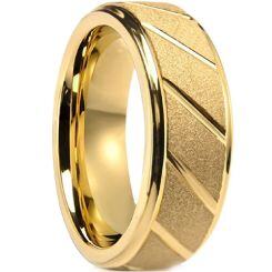 ***COI Gold Tone Tungsten Carbide Diagonal Grooves Sandblasted Step Edges Ring-01712AA