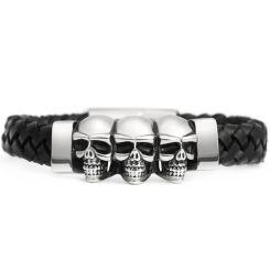 ***COI Titanium Black Silver Skull Genuine Leather Bracelet With Steel Clasp(Length: 8.27 inches)-01722AA