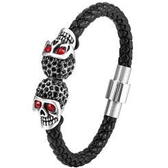 ***COI Titanium Black Silver Skull Cubic Zirconia Genuine Leather Bracelet With Steel Clasp(Length: 8.27 inches)-01725AA