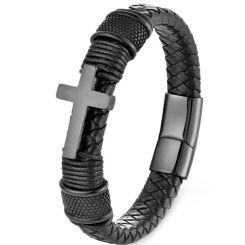 ***COI Black Titanium Cross Genuine Leather Bracelet With Steel Clasp(Length: 8.27 inches)-01728AA