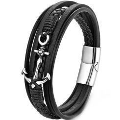 ***COI Titanium Anchor Genuine Leather Bracelet With Steel Clasp(Length: 8.27 inches)-01729AA