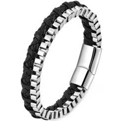 ***COI Titanium Black/Silver Genuine Leather Bracelet With Steel Clasp(Length: 8.27 inches)-01732AA