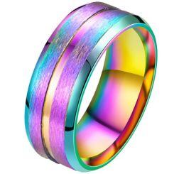 ***COI Titanium Rainbow Pride Center Groove Beveled Edges Ring-01737AA