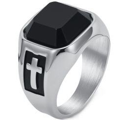***COI Titanium Black Gold Tone/Silver Cross Ring With Black Onyx-01739AA