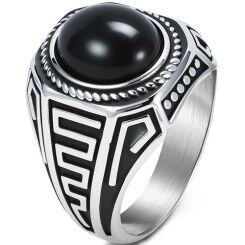 ***COI Titanium Black/Silver Greek Key Pattern Ring With Black Onyx-01740AA