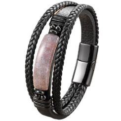 ***COI Black Titanium Pink Onyx Genuine Leather Bracelet With Steel Clasp(Length: 9.06 inches)-01750AA