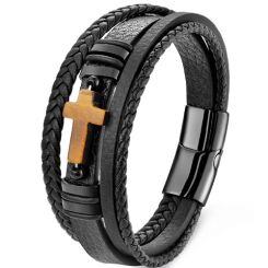 ***COI Black Titanium Tiger Eye Cross Genuine Leather Bracelet With Steel Clasp(Length: 8.27 inches)-01751AA