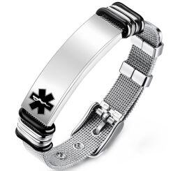 ***COI Titanium Black Silver Medical Alert Bracelet With Steel Clasp(Length: 8.27 inches)-01757AA