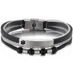 ***COI Titanium Black/Silver Medical Alert Genuine Leather Bracelet With Steel Clasp(Length: 8.27 inches)-01762AA