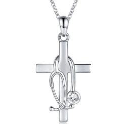 ***COI Titanium Silver Rose/Gold Tone/Silver Stethoscope Cross Pendant With Cubic Zirconia-01874AA