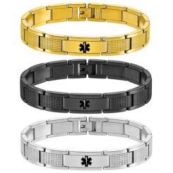 ***COI Titanium Black/Gold Tone/Silver Medical Alert Bracelet With Steel Clasp(Length: 8.26 inches)-01877AA