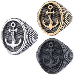 ***COI Titanium Black Gold Tone/Silver/Black Anchor Ring-01891AA